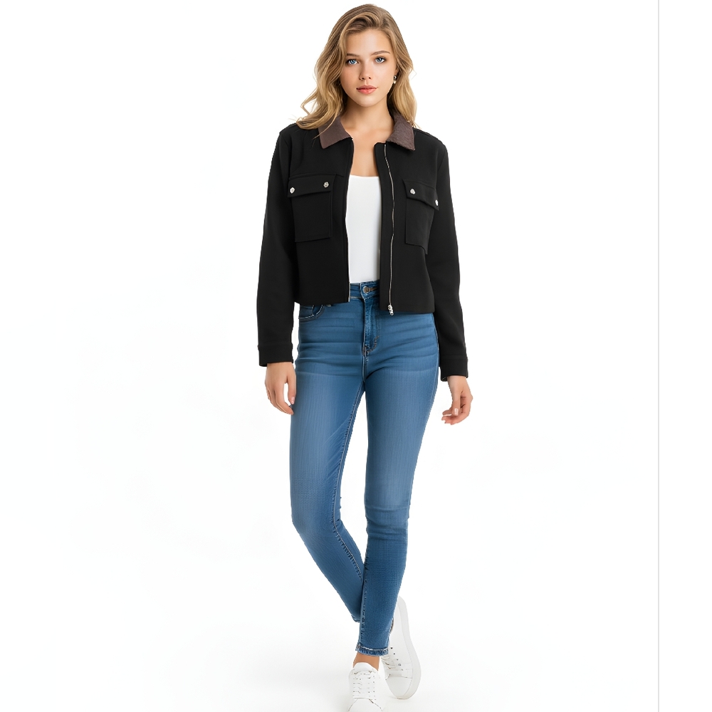 Black Cropped Jacket with Brown Collar 🦉 - Picture 2 of 2
